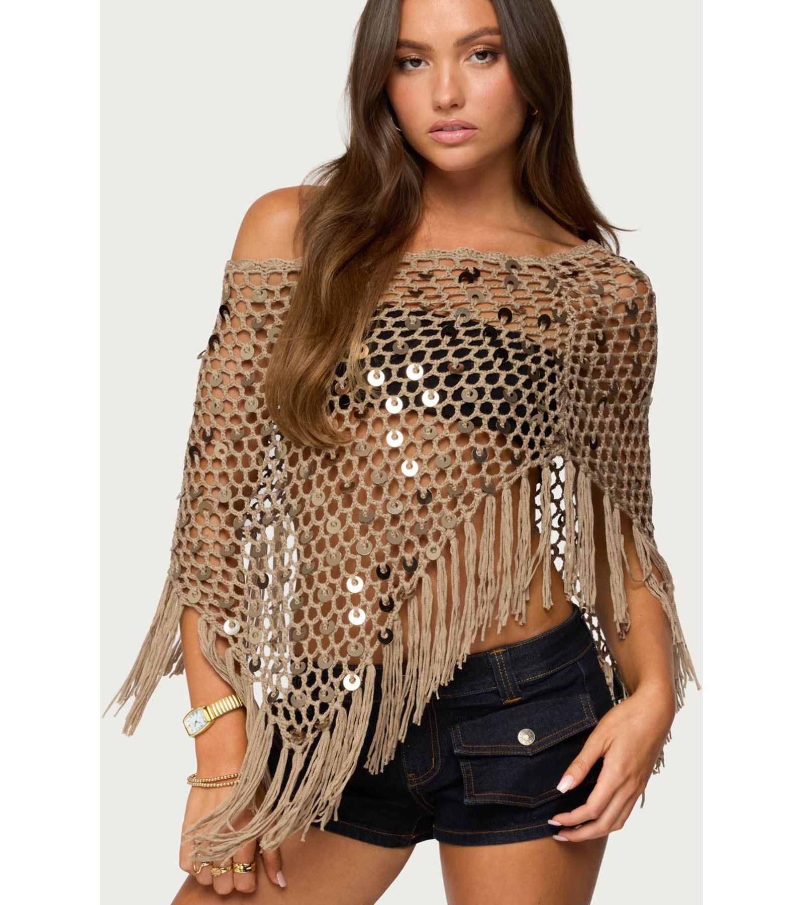 Edikted Women's Fringe Sequin Crochet Poncho