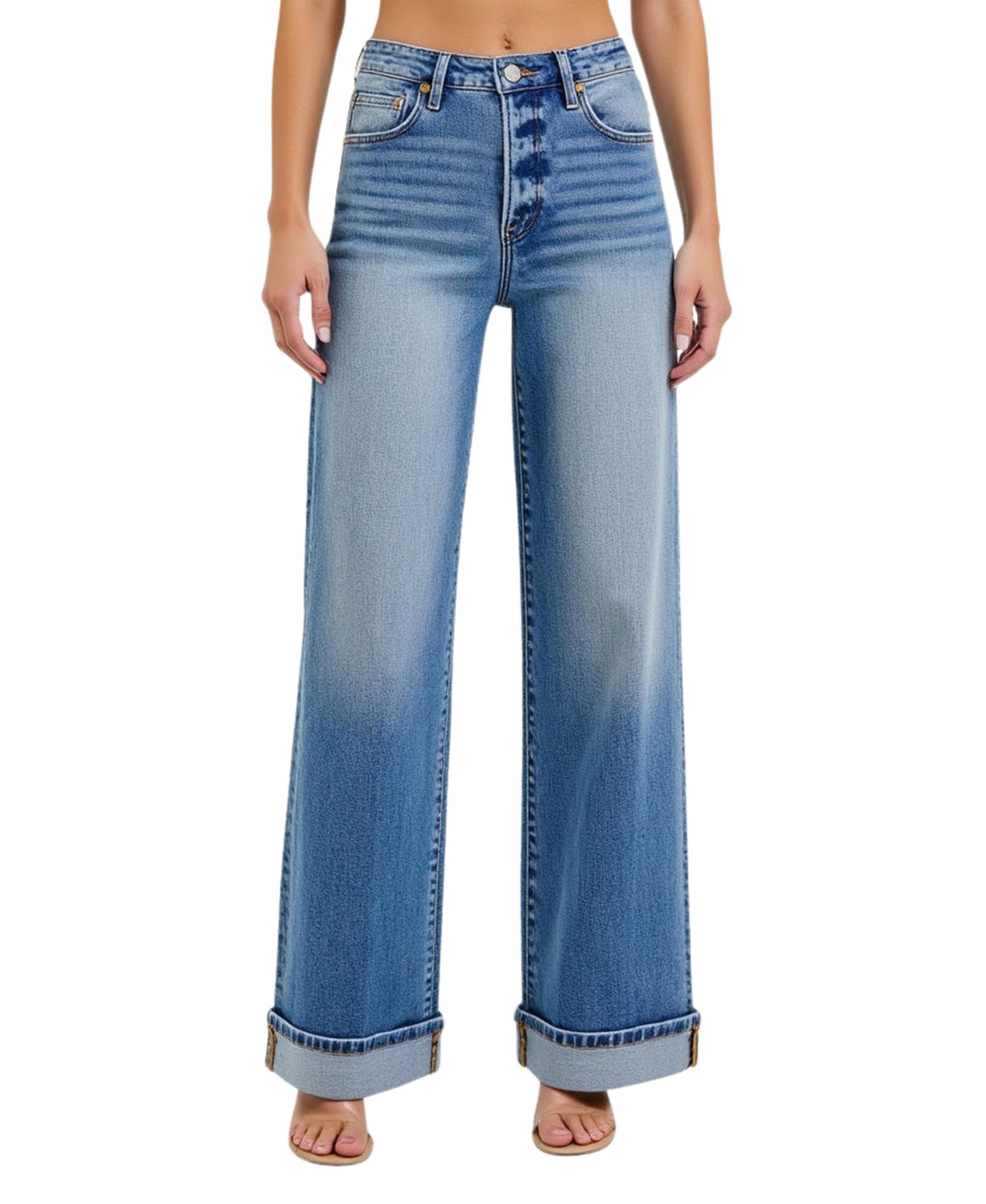 Modenaire Women's Juniors' High-Rise Wide-Leg Button-Fly Cuffed Jeans