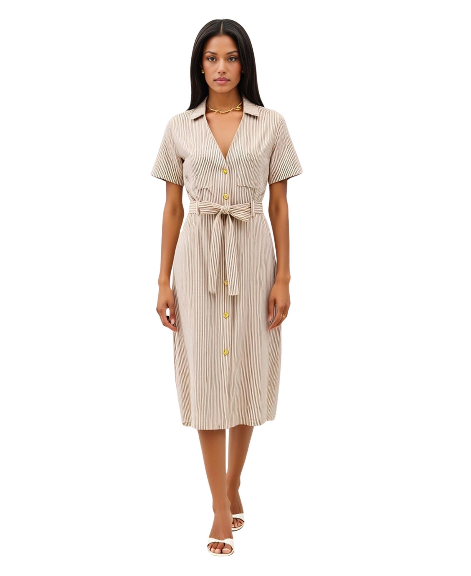 Modenaire Women's Striped Button-Down Midi Dress with Waist Tie