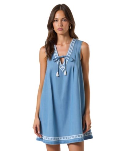 Modenaire Women's Sleeveless Embroidered-Trim Tie-Front Mini Dress