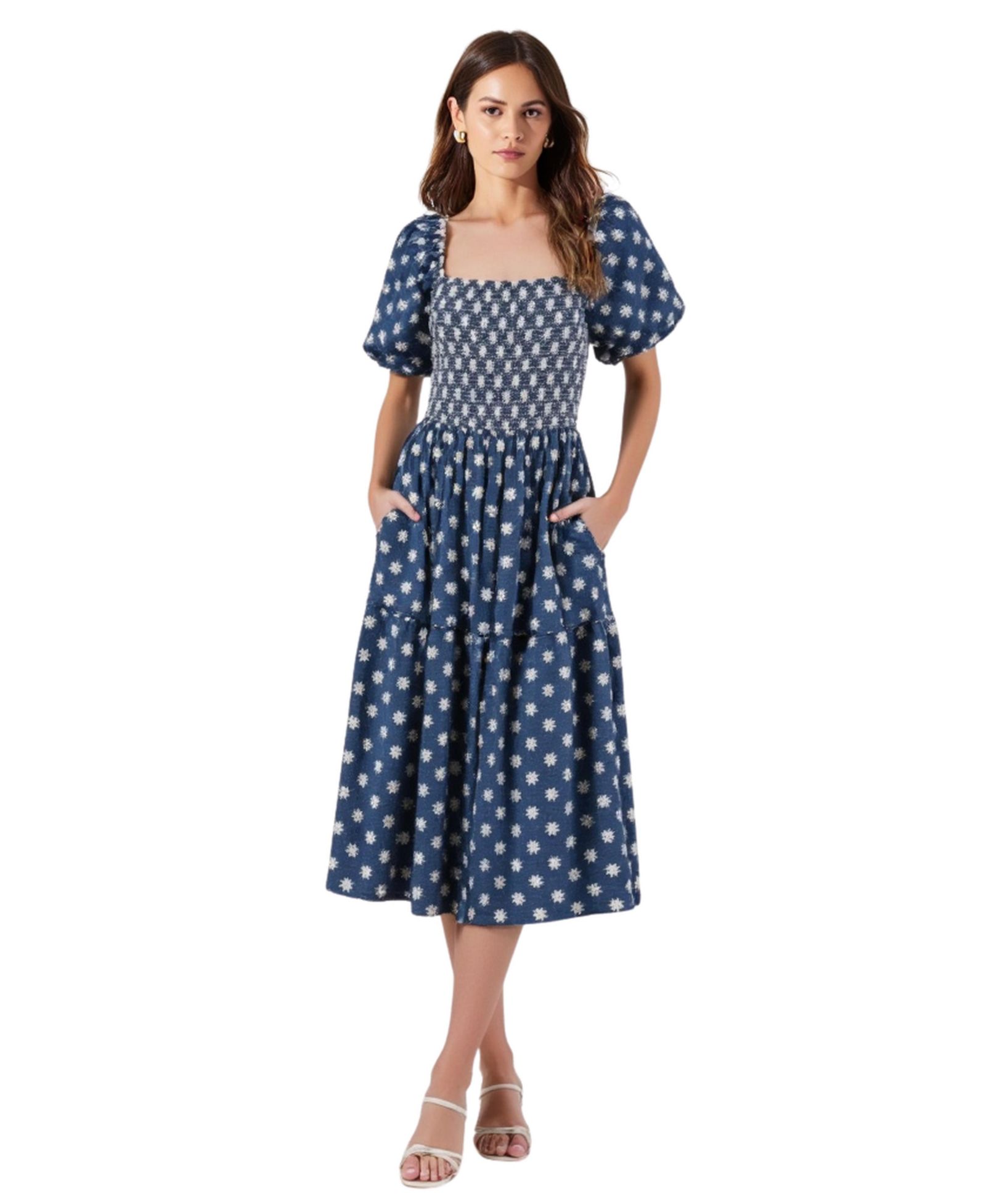 Женское миди-платье Modenaire Smocked Puff-Sleeve Tiered
