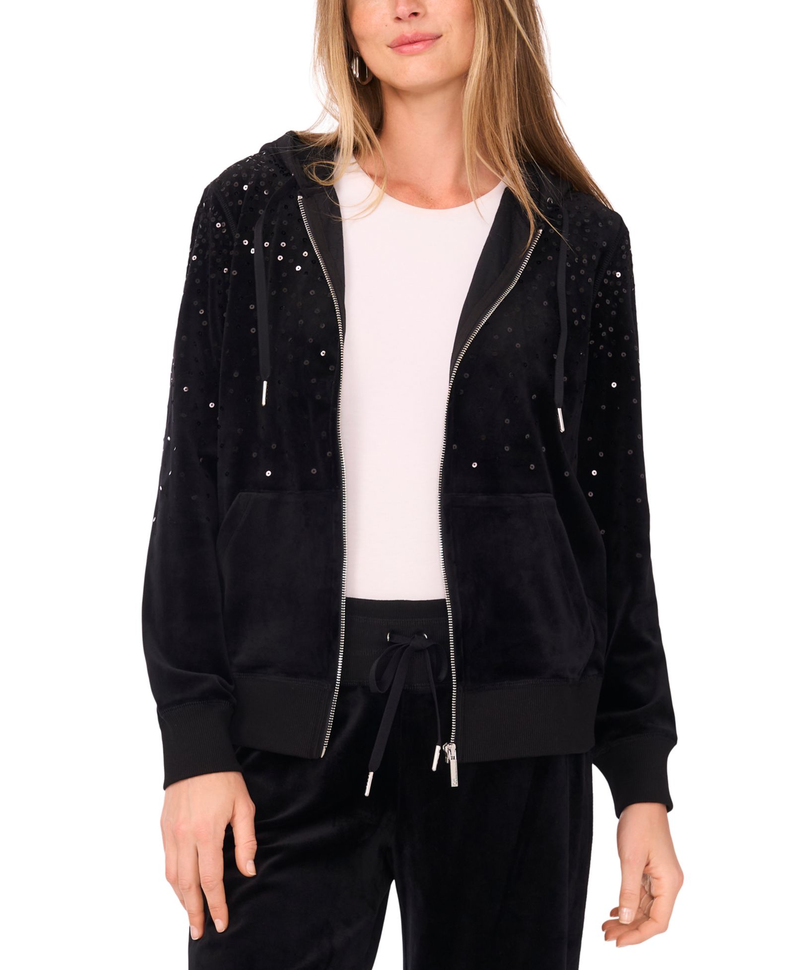 Vince Camuto Women's Velour Sequin Zip-Front Hoodie Jacket