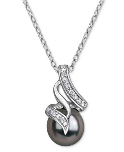 Cultured Black Tahitian Pearl (8mm) & Diamond (1/20 ct. t.w.) Swirl 18" Pendant Necklace in Sterling Silver