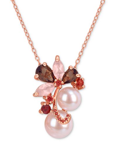 Macy's Pink Cultured Freshwater Pearl & Multi-Gemstone (Smokey Quartz, Rose Quartz, & Garnet) Cluster 18" Pendant Necklace in 18k Rose Gold