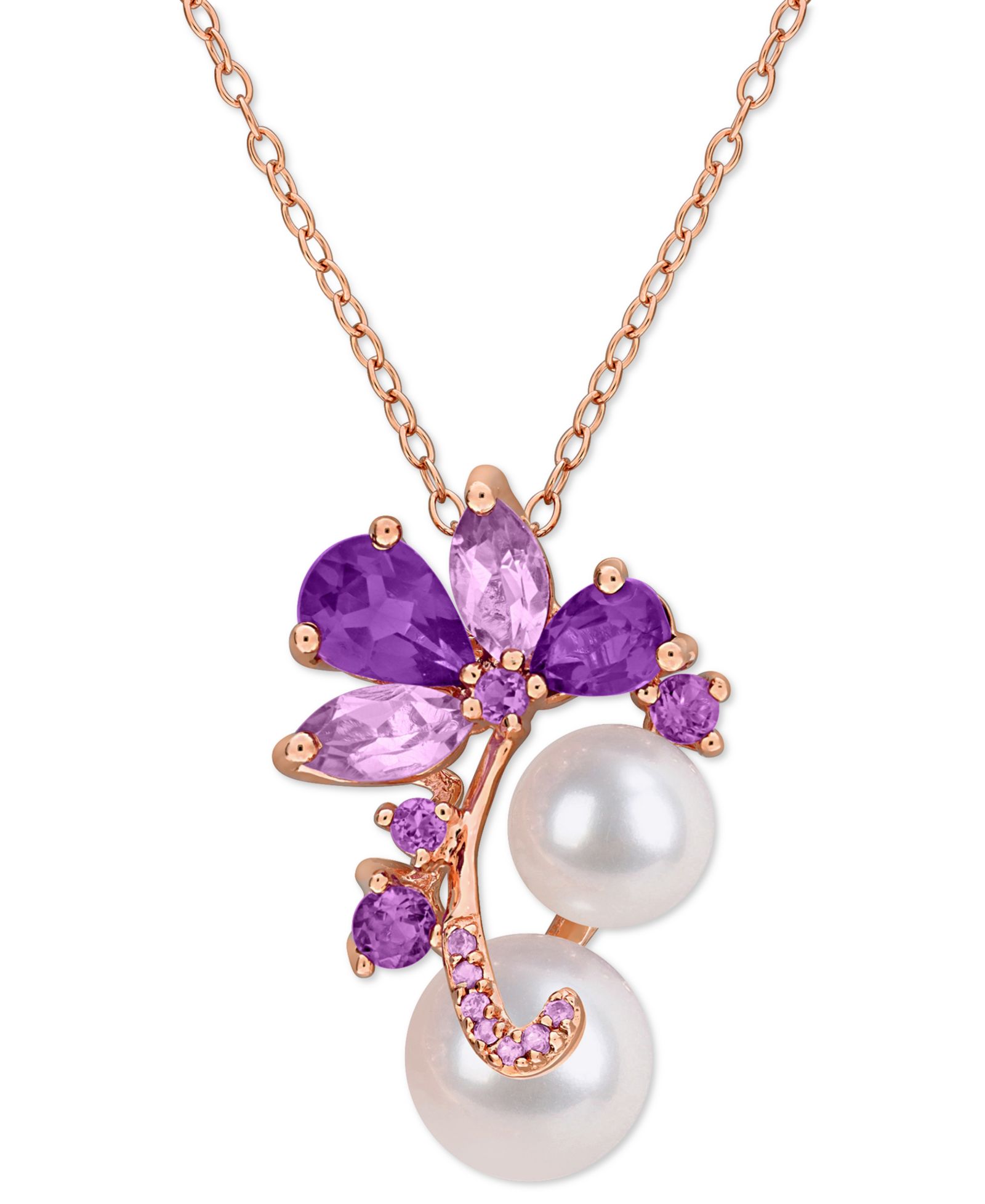 Macy's Pink Cultured Freshwater Pearl & Multi-Gemstone (Smokey Quartz, Rose Quartz, & Garnet) Cluster 18" Pendant Necklace in 18k Rose Gold