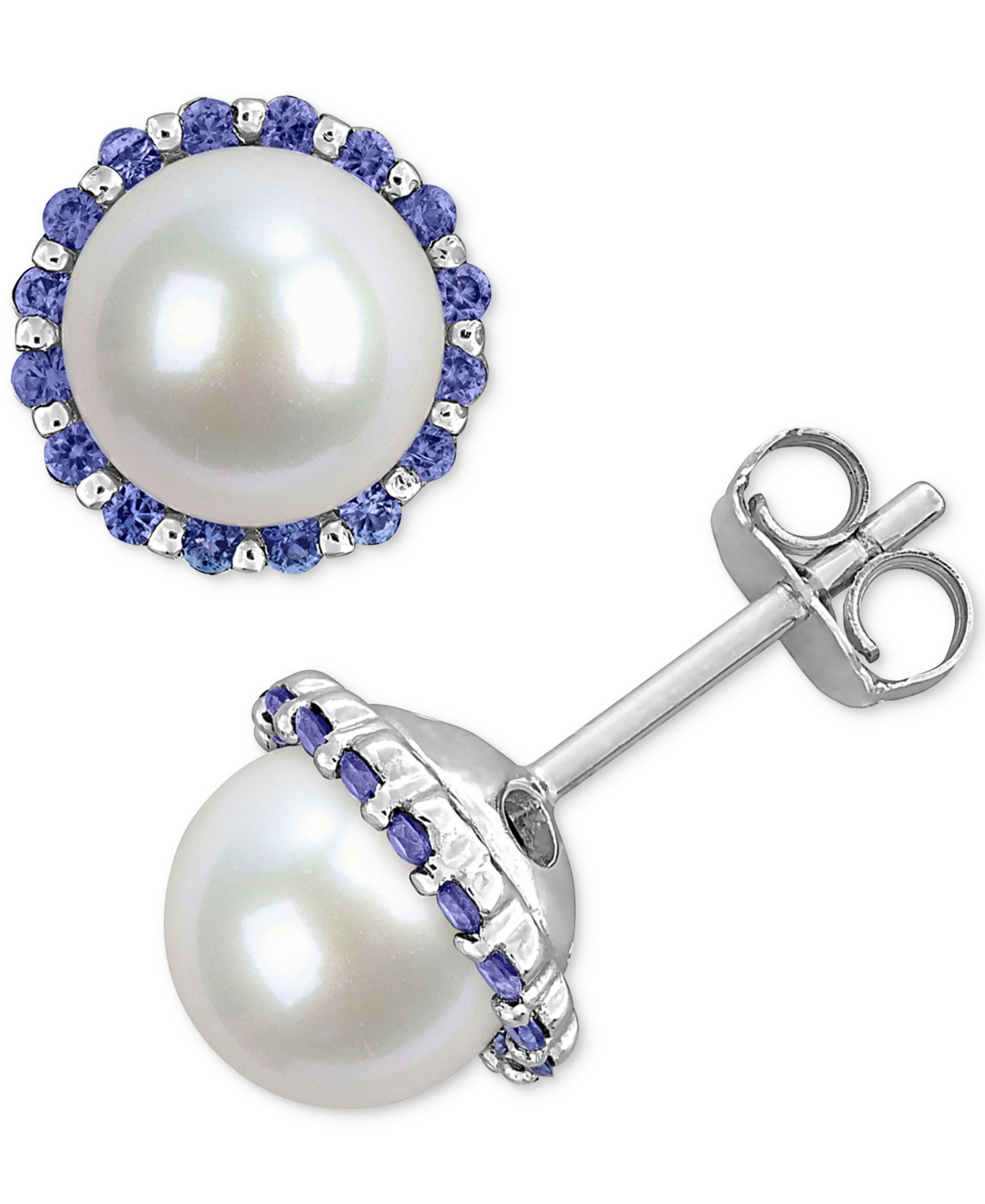 Cultured Freshwater Pearl (7-7.5mm) & Sapphire (3/8 ct. t.w.) Stud Earrings in Sterling Silver