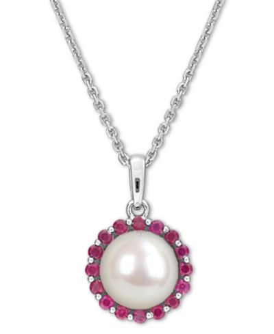 Cultured Freshwater Pearl (8mm) & Ruby (1/3 ct. t.w.) 18" Pendant Necklace in Sterling Silver