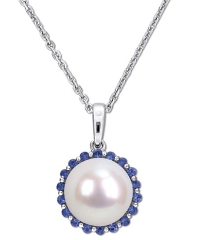 Cultured Freshwater Pearl (8mm) & Sapphire (1/3 ct. t.w.) 18" Pendant Necklace in Sterling Silver