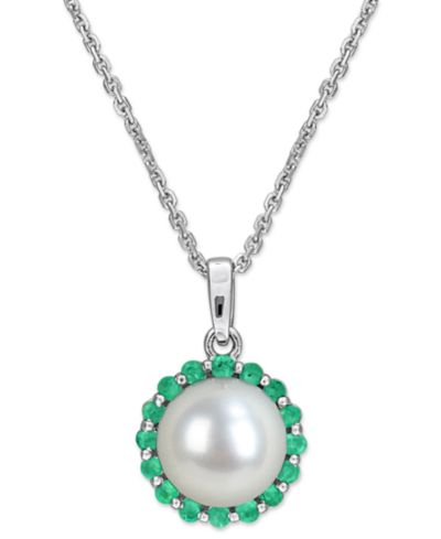 Cultured Freshwater Pearl (8mm) & Emerald (1/3 ct. t.w.) 18" Pendant Necklace in Sterling Silver