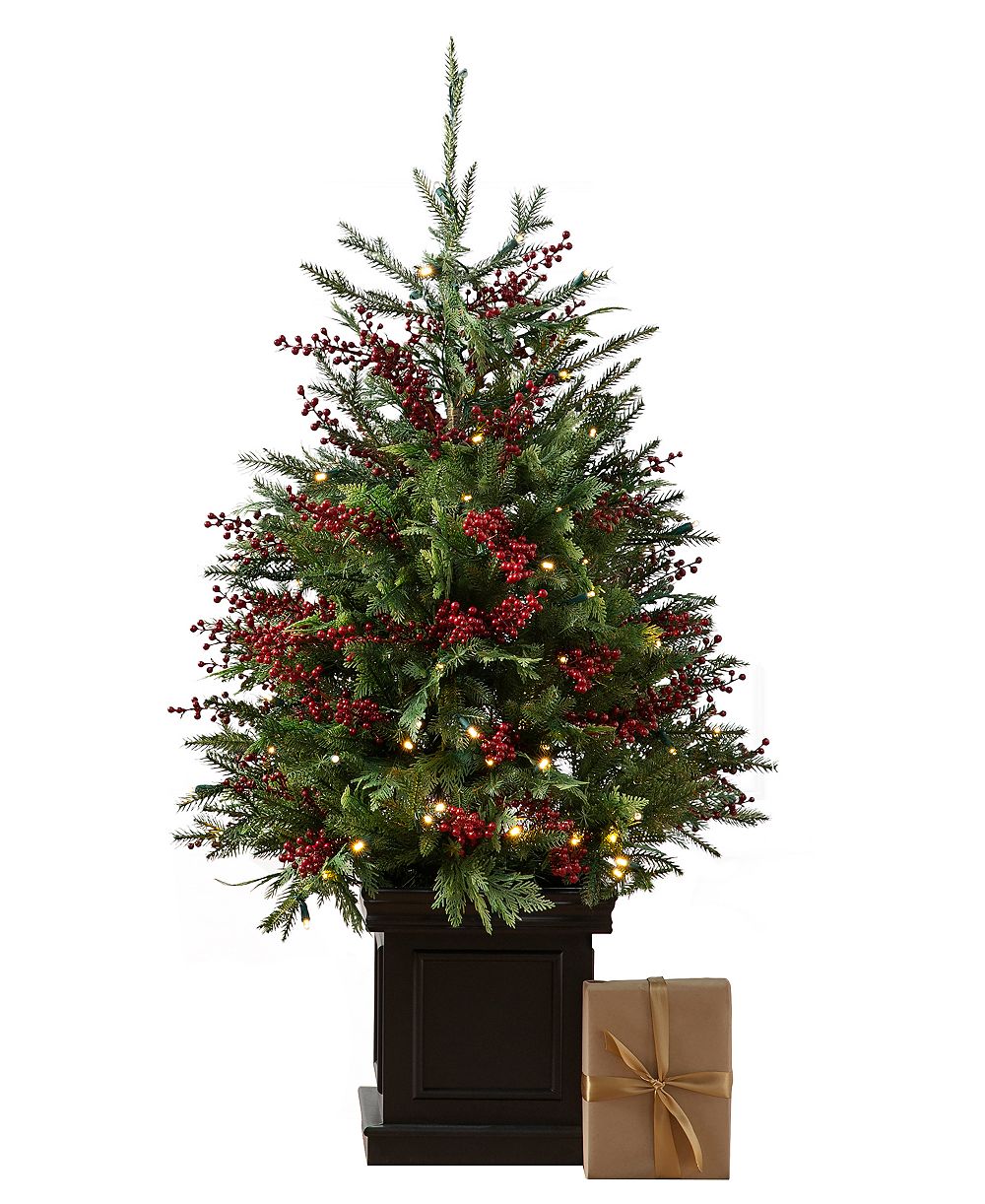 Balsam Hill 4' Pre-Lit Outdoor Red Berry Evergreen Potted Tree