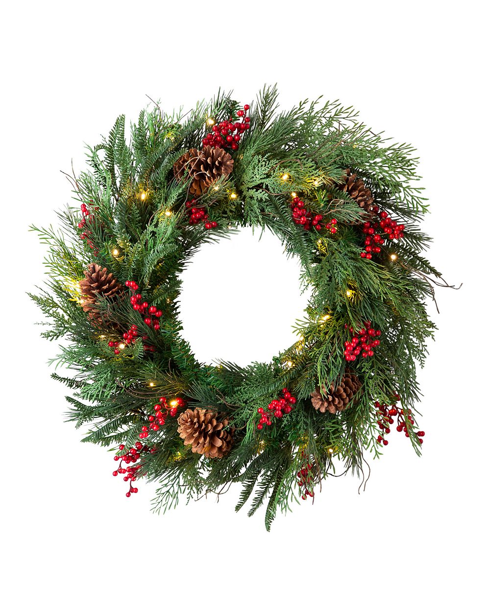 Balsam Hill Pre-Lit 28" Outdoor Red Berry Pine Wreath