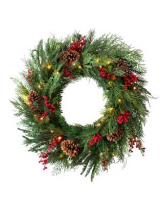 Balsam Hill Pre-Lit 28" Outdoor Red Berry Pine Wreath