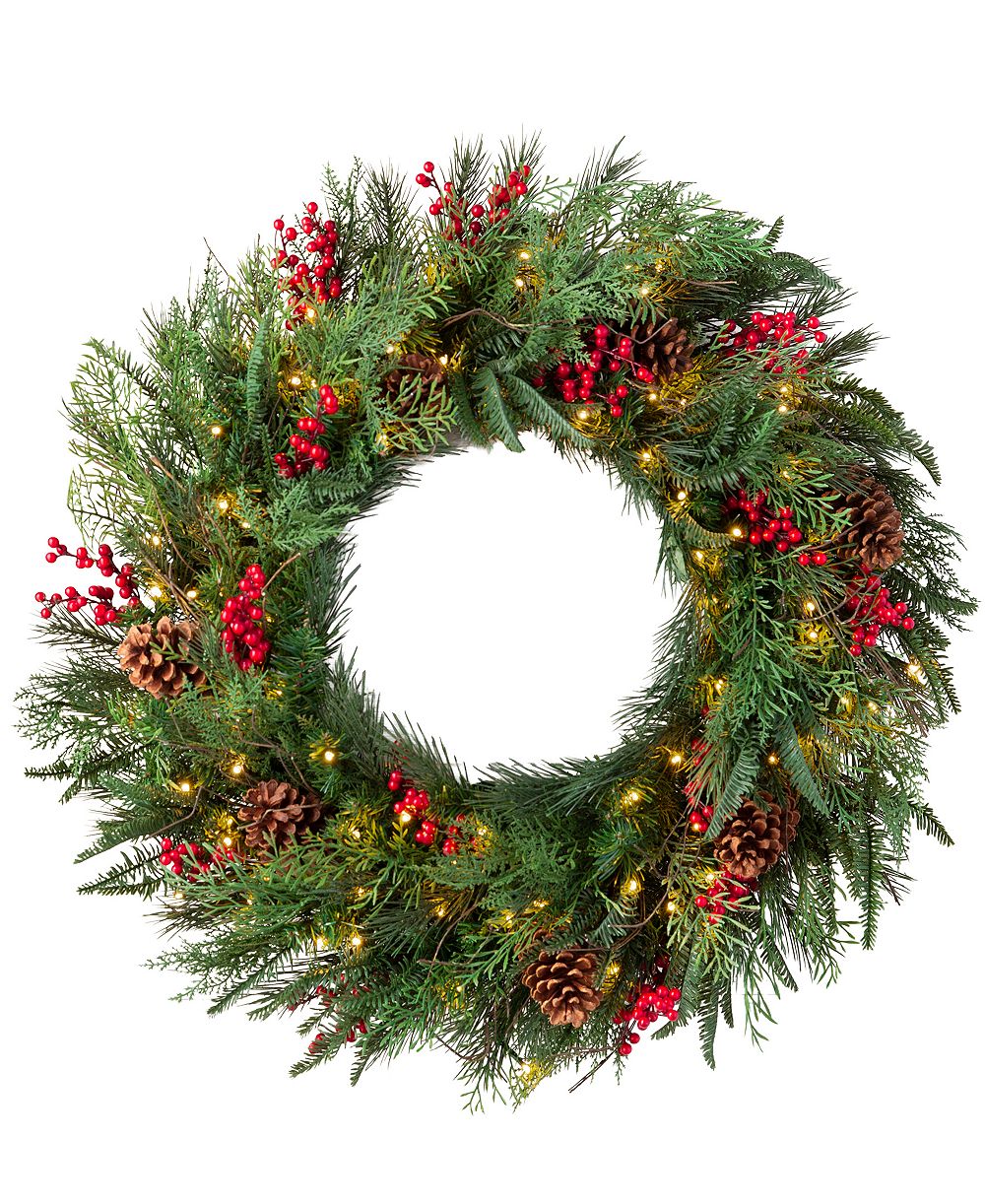 Balsam Hill Pre-Lit 34" Outdoor Red Berry Pine Wreath