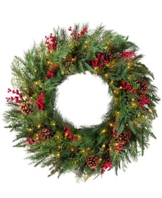 Balsam Hill Pre-Lit 34" Outdoor Red Berry Pine Wreath