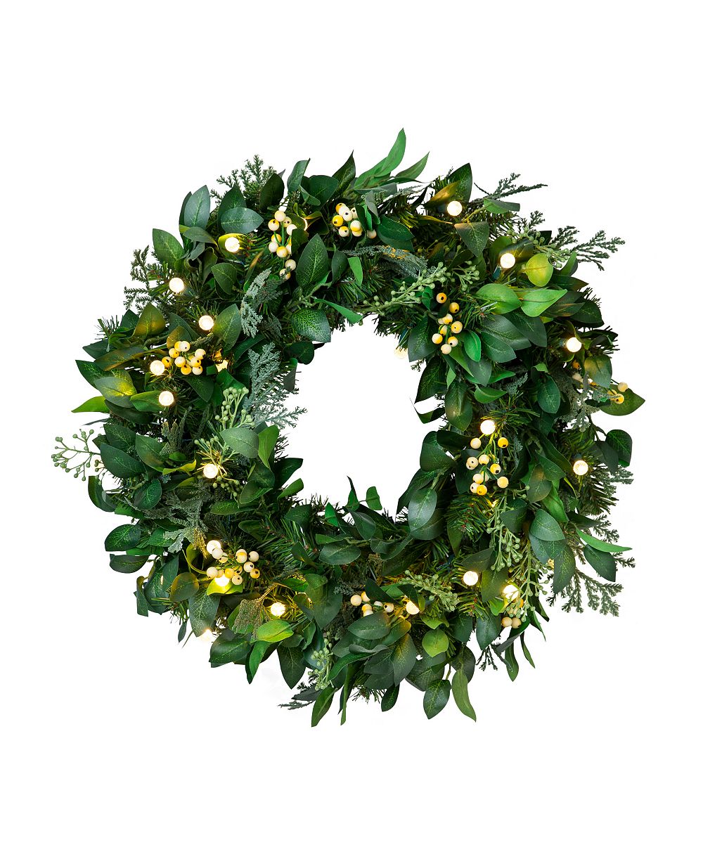 Balsam Hill Венок с кипарисом и ягодами 24", с подсветкой, для улицы