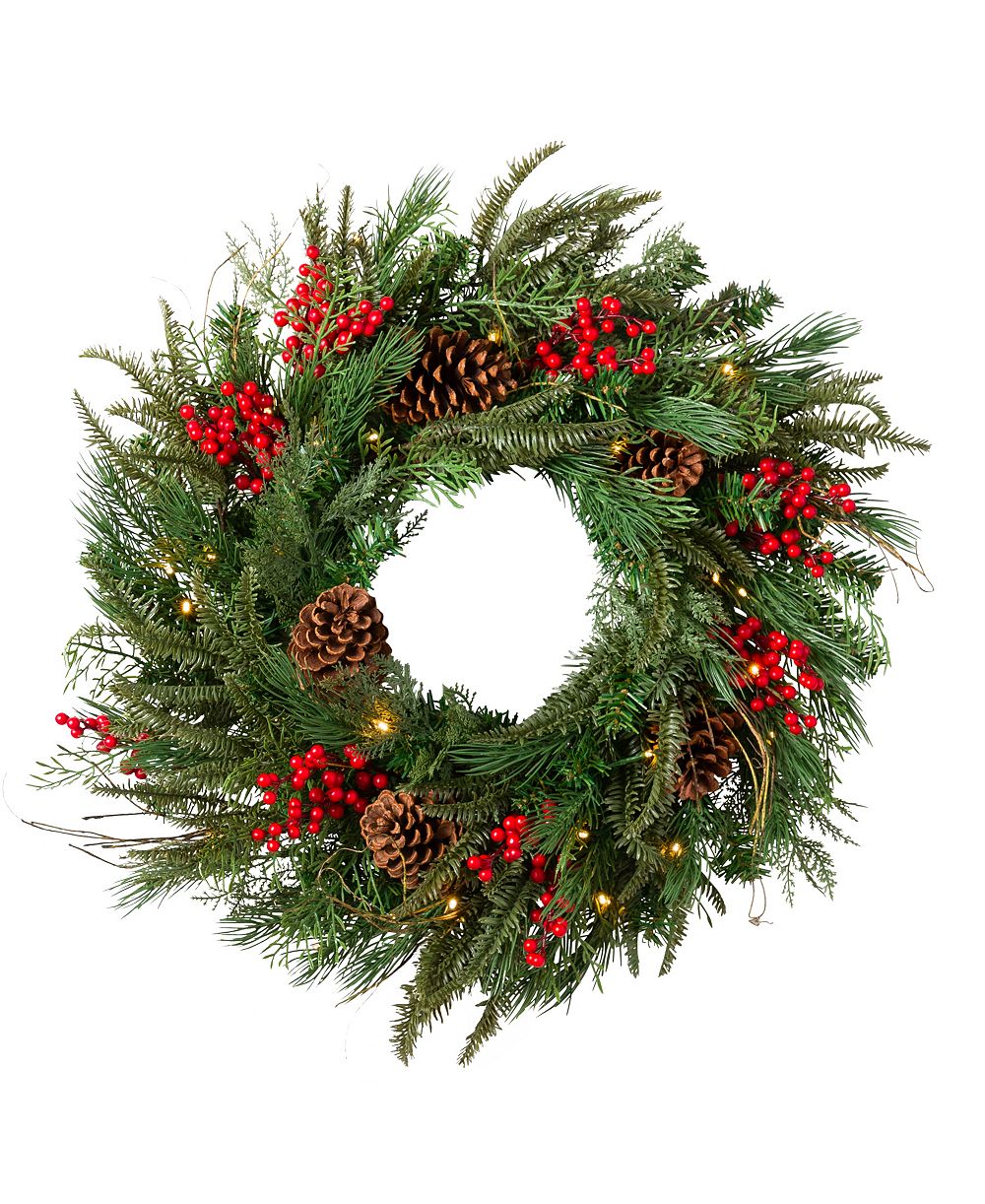 Balsam Hill Pre-Lit 24" Outdoor Red Berry Pine Wreath