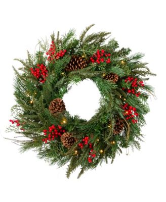 Balsam Hill Pre-Lit 24" Outdoor Red Berry Pine Wreath