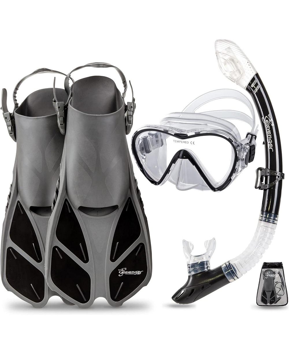Seavenger Aviator Snorkeling Set: Single Window Mask, Snorkel, Fins & Bag - Clear Red S/M