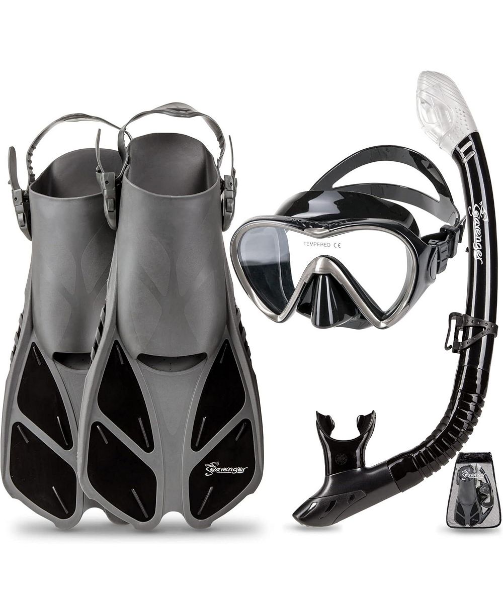 Seavenger Aviator Snorkeling Set: Single Window Mask, Snorkel, Fins & Bag - Dodger Blue L/XL