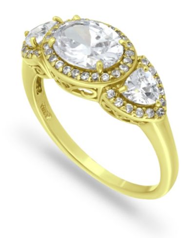 Cubic Zirconia Oval with Tanzanite CZ Accents 3 Stone Ring in 18K Gold Plate