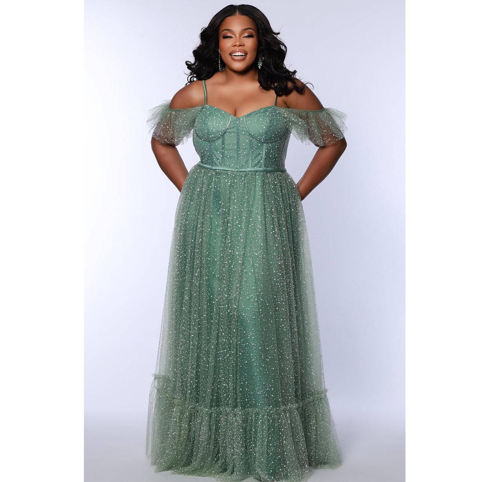 Sydney's Closet Women's V-Neckline Flutter Sleeve Slim A-line Gown