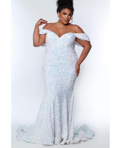 Johnathan Kayne for Sydney's Closet Women's Off the Shoulder Plus Size Sequin Velvet Fitted Formal Gown