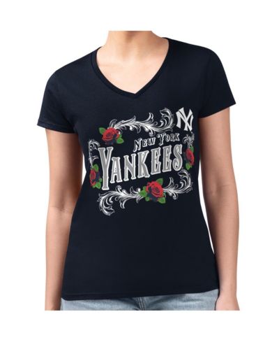 G-III 4Her by Carl Banks Women's Navy New York Yankees Retro Roses Fitted V-Neck T-Shirt