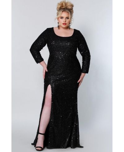 Sydney's Closet Women's Long Sleeve Fitted Scoop Neck Sequin Plus Size Gown