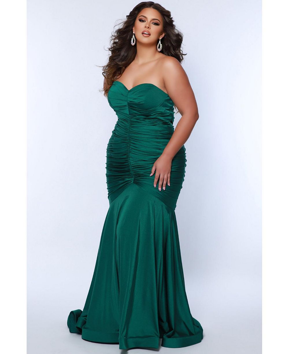 Sydney's Closet Women's Fitted Mermaid Strapless Ruched Train Evening Dress