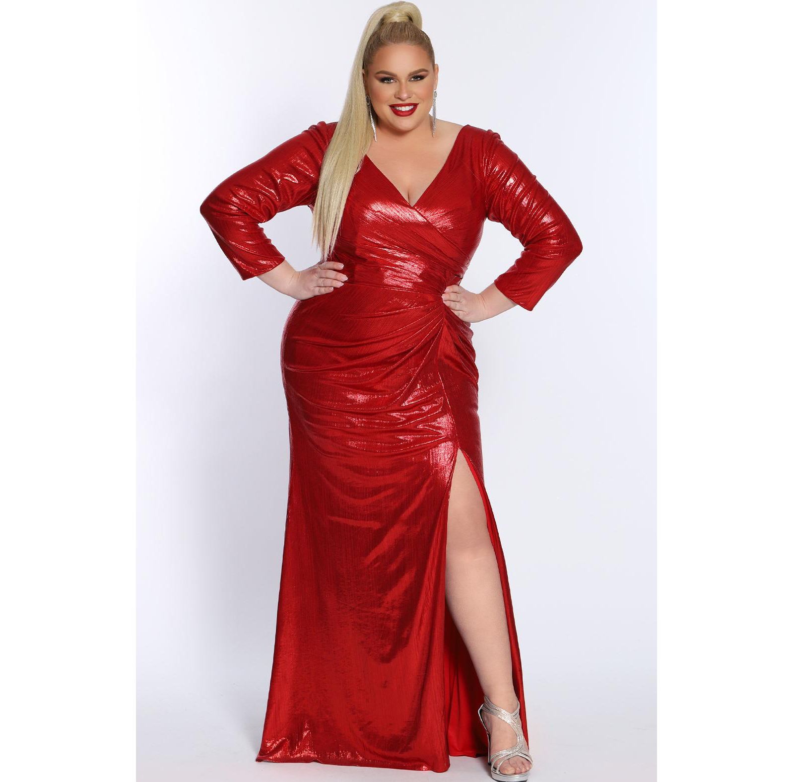 Celebrations by Sydney's Closet Women's Long Sleeve V-Neck Evening Gown