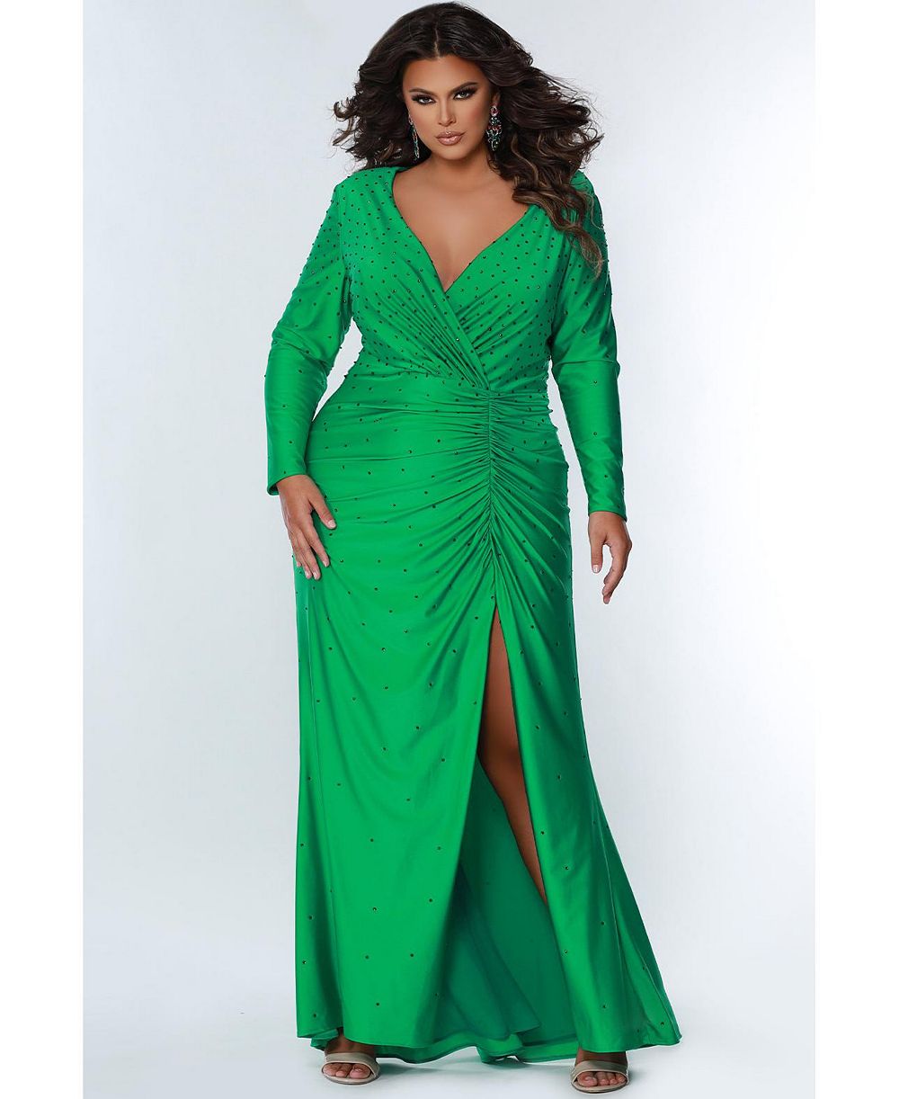 Sydney's Closet Женский Fitted Long Sleeve V-Neck Ruched Plus Size Gown