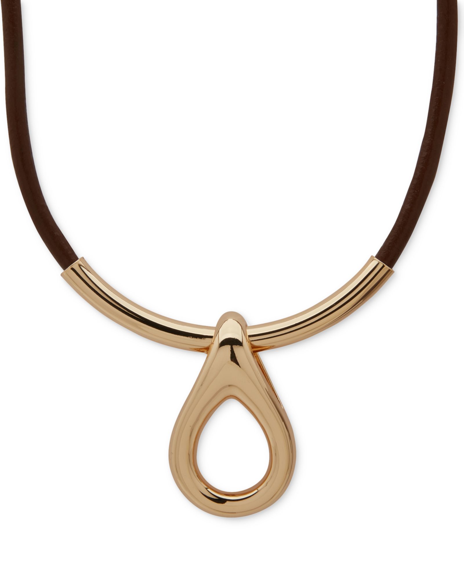 Anne Klein Gold-Tone Rounded Teardrop Leather Pendant Necklace, 16" + 3" extender