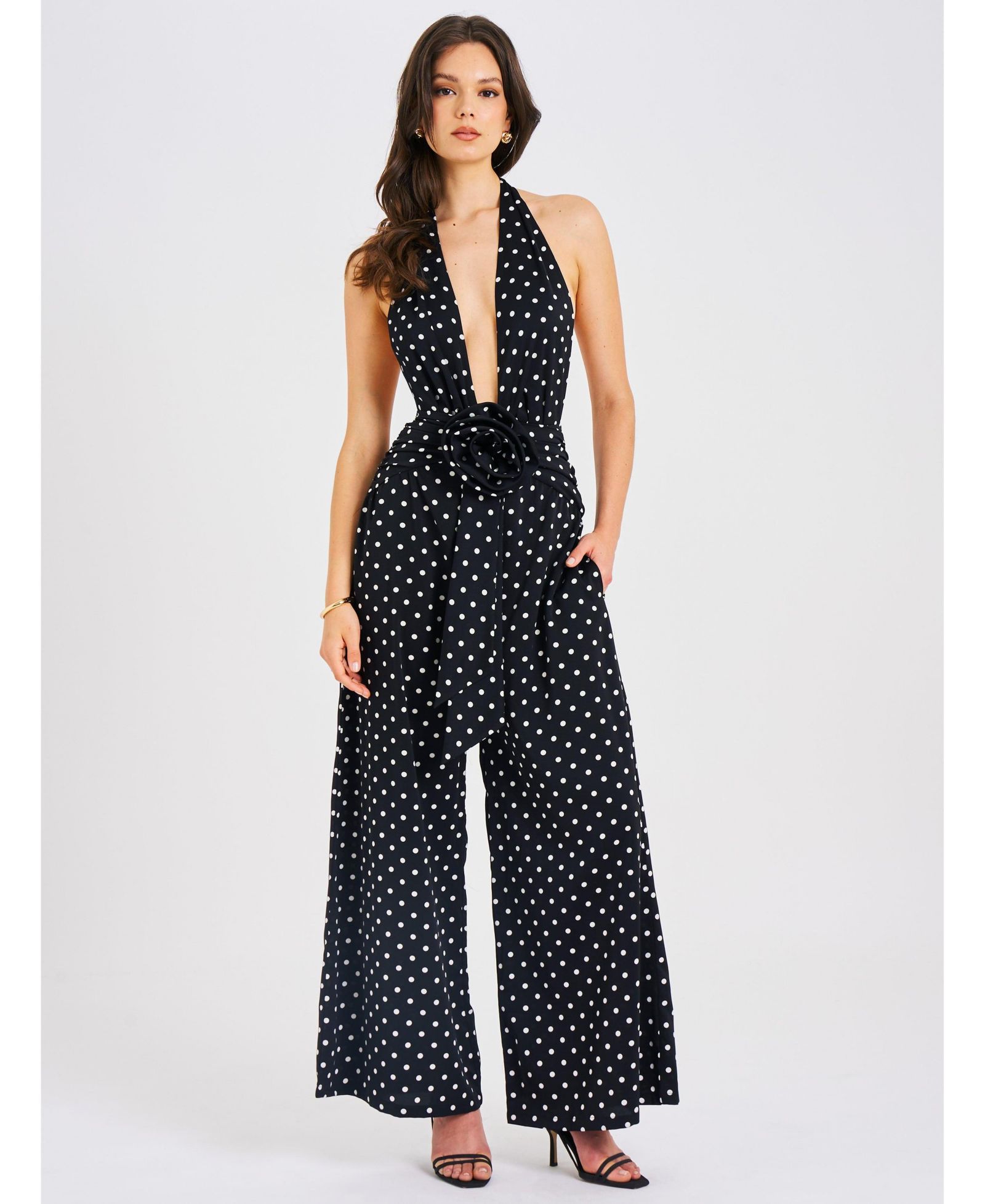 Miss Circle Women Oriana Black Polka Dots Halter Jumpsuit