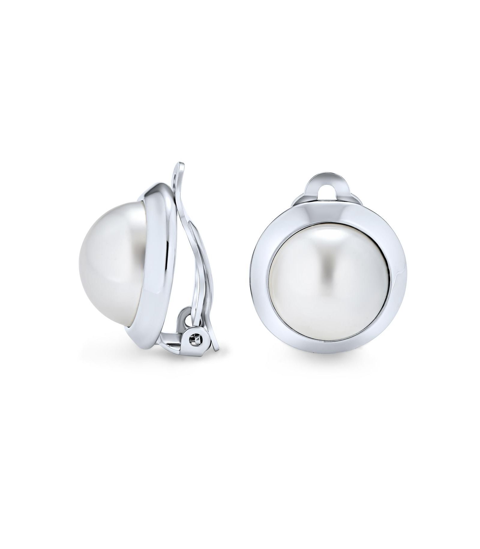 Серьги Bling Jewelry Classic Button Style Round Dome Faux White Pearl Clip On Rhodium Plated