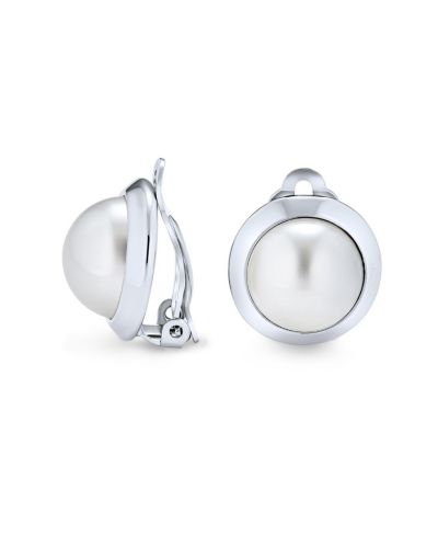 Серьги Bling Jewelry Classic Button Style Round Dome Faux White Pearl Clip On Rhodium Plated