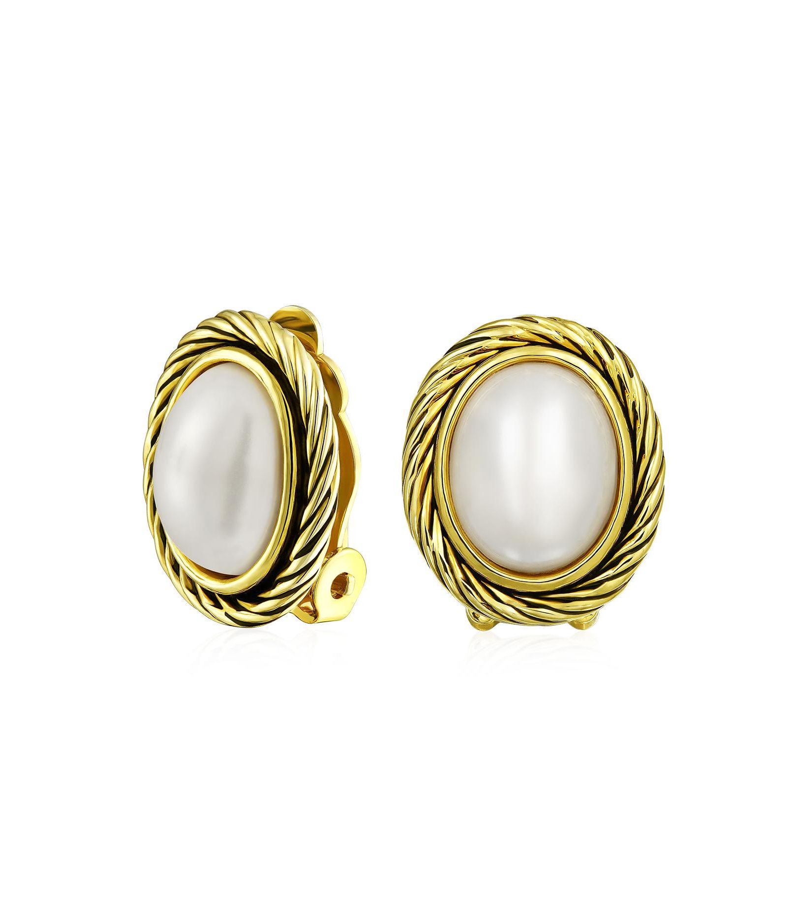 Bling Jewelry серьги с зажимом, классический белый искусственный жемчуг, позолота 14K Gold