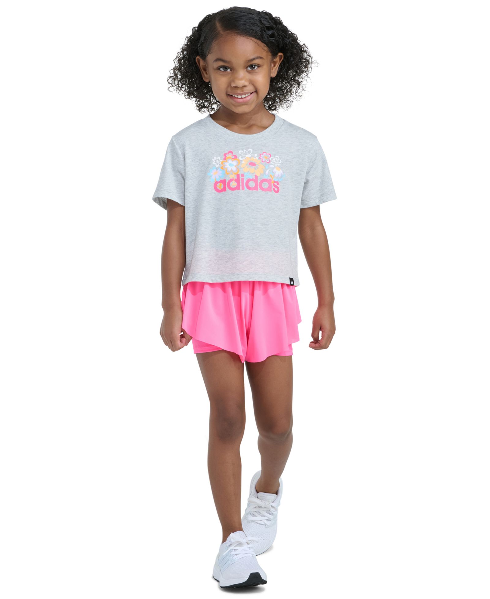 Комплект adidas Girls' 2T-6X Short-Sleeve Graphic Heather T-Shirt and Flowy Shorts, 2-Piece Set