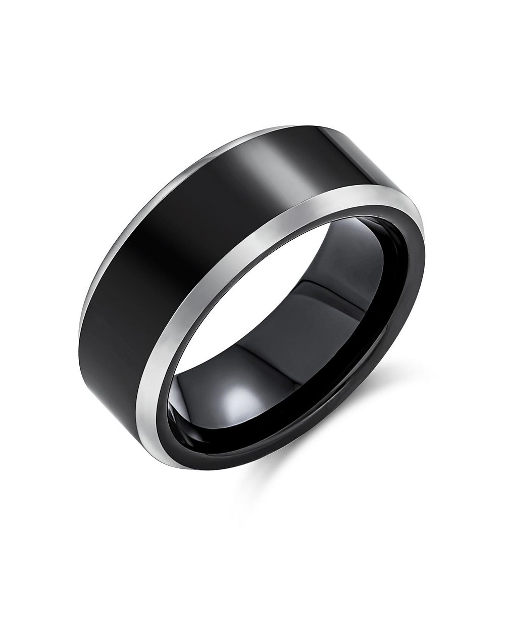 Bling Jewelry 2 Tone Black Titanium Wedding Band Ring Silver Beveled Edge Comfort Fit 8MM