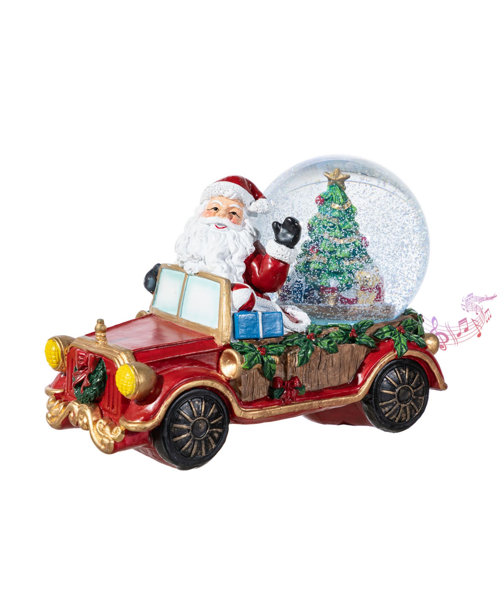 Glitzhome 100mm Lighted Resin Christmas Musical Snowflakes Santa Car Water Globe