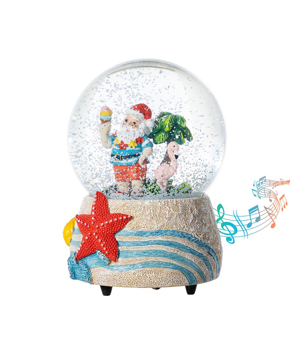 Glitzhome 100mm Resin Christmas Musical Snowflakes Santa on Vacation Water Globe