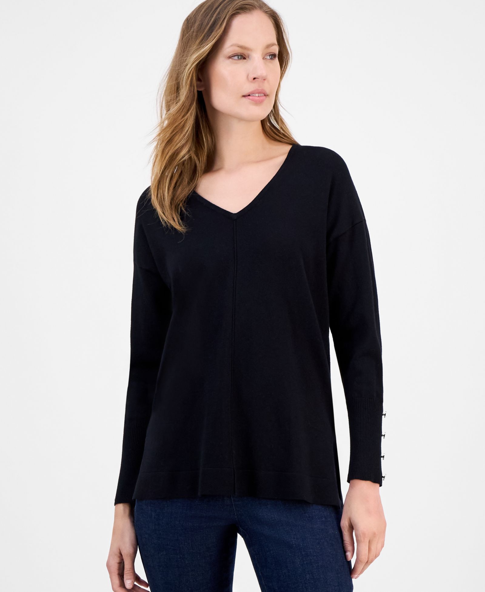 AK Anne Klein Women's Button-Cuff V-Neck Top