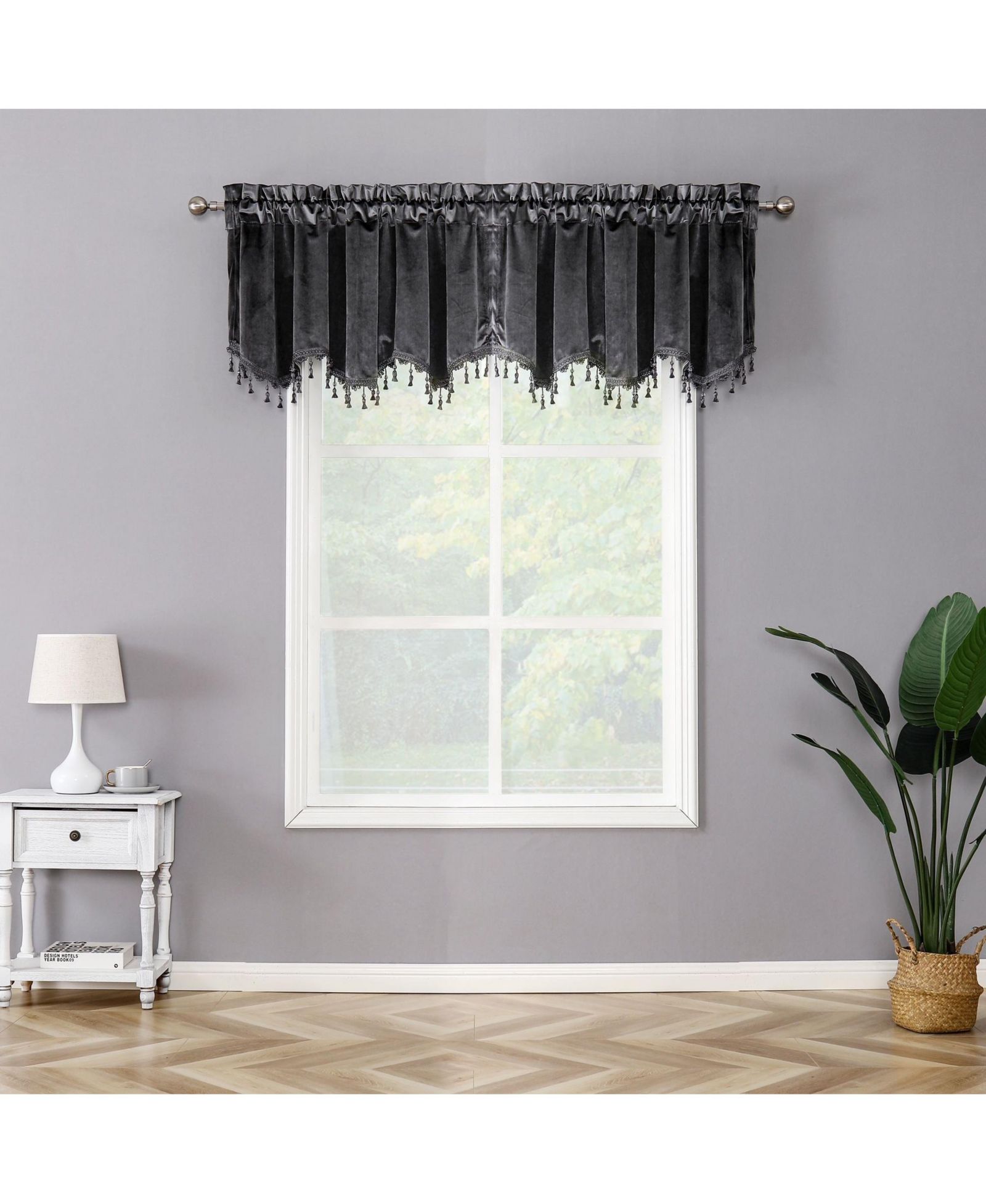Kate Aurora Royal Living 2 Pack Beaded Tassel Trimmed Rod Pocket Velvet Window Valances