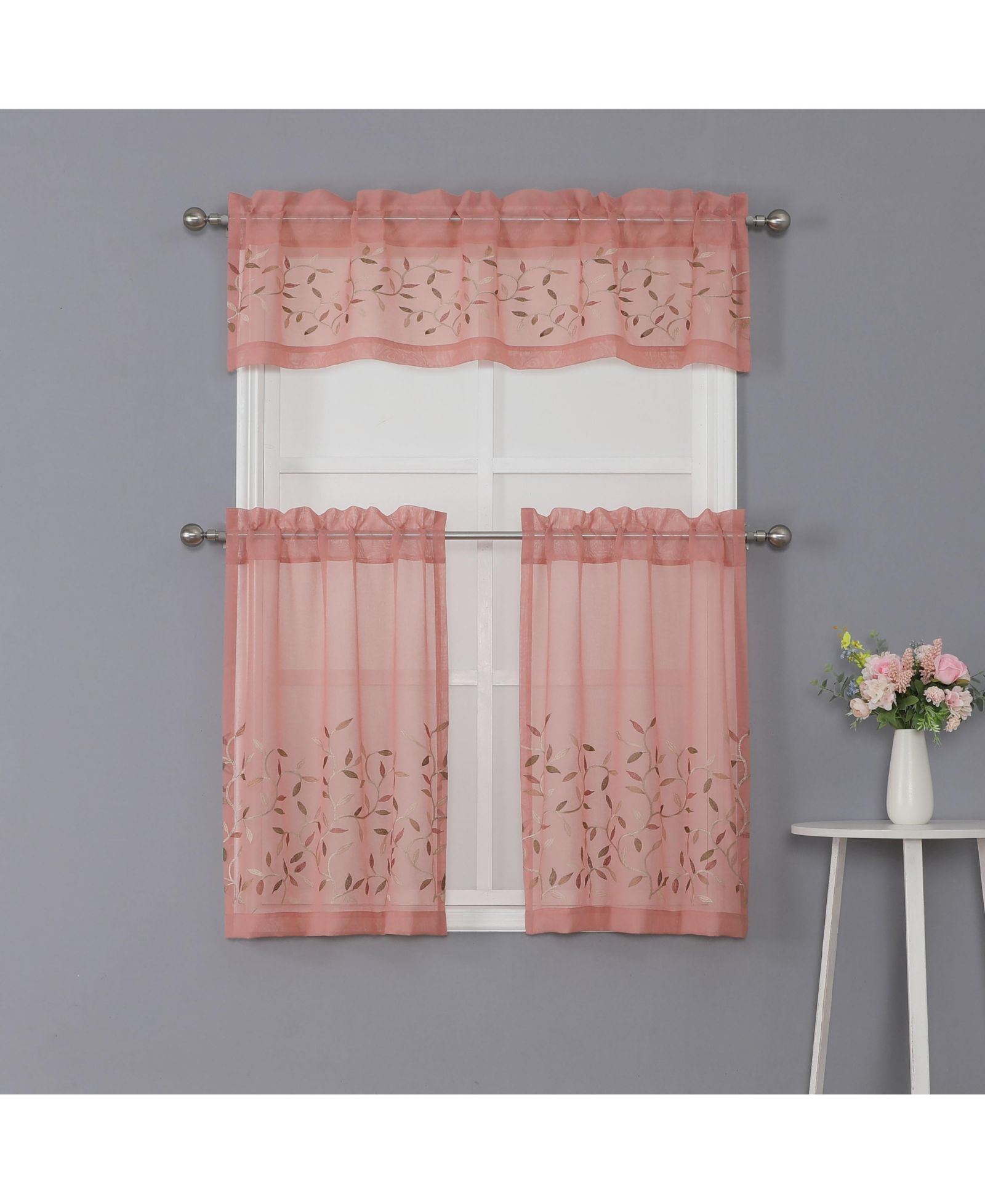 Kate Aurora Shabby Sheer Embroidered Complete 3 Piece Floral Rod Pocket Cafe Kitchen Curtain Tier & Valance Set