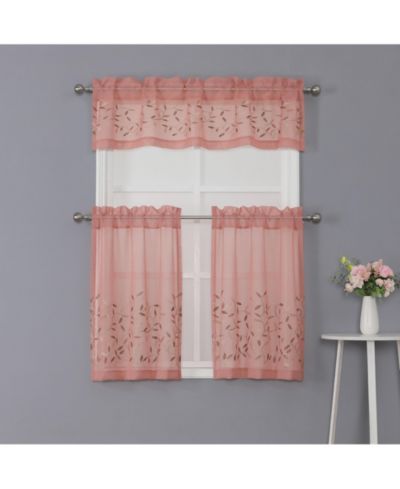 Kate Aurora Shabby Sheer Embroidered Complete 3 Piece Floral Rod Pocket Cafe Kitchen Curtain Tier & Valance Set