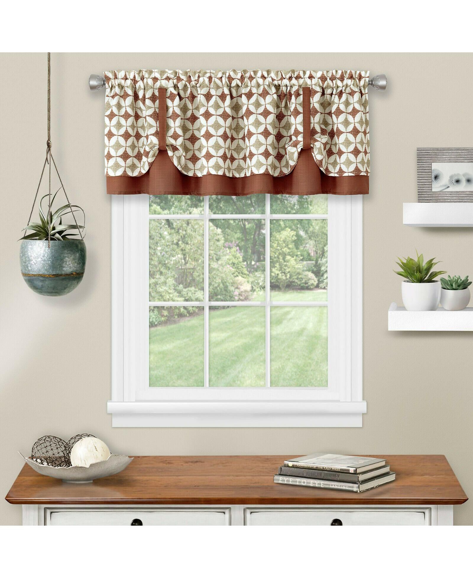 Kate Aurora Modern Geometric Button Tuck Layered Rod Pocket Window Valance - 56 in. W x 15 in. L, Taupe