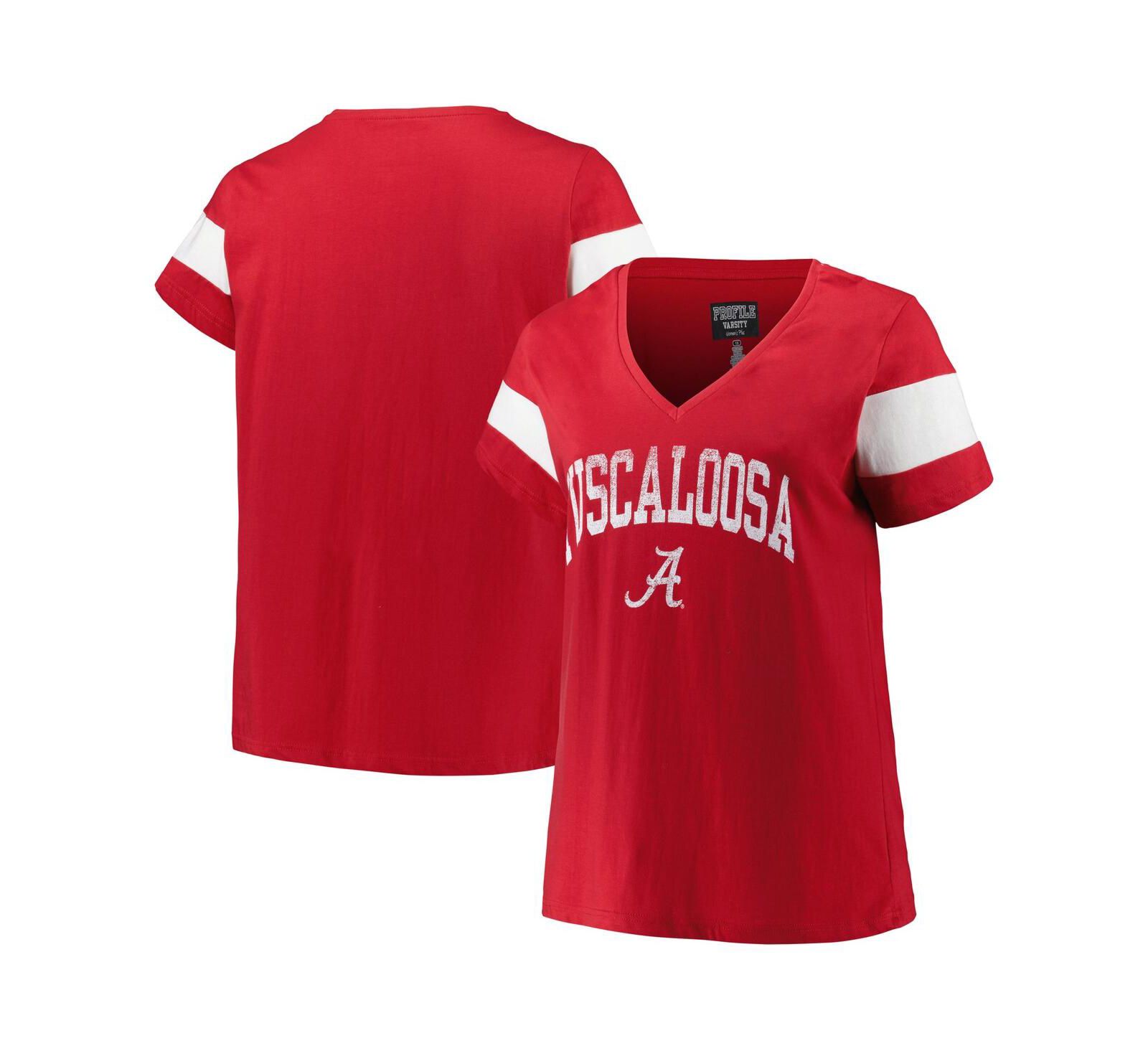 Profile Women's Heather Crimson Alabama Crimson Tide Plus Size Arched City Sleeve Stripe V-Neck T-Shirt