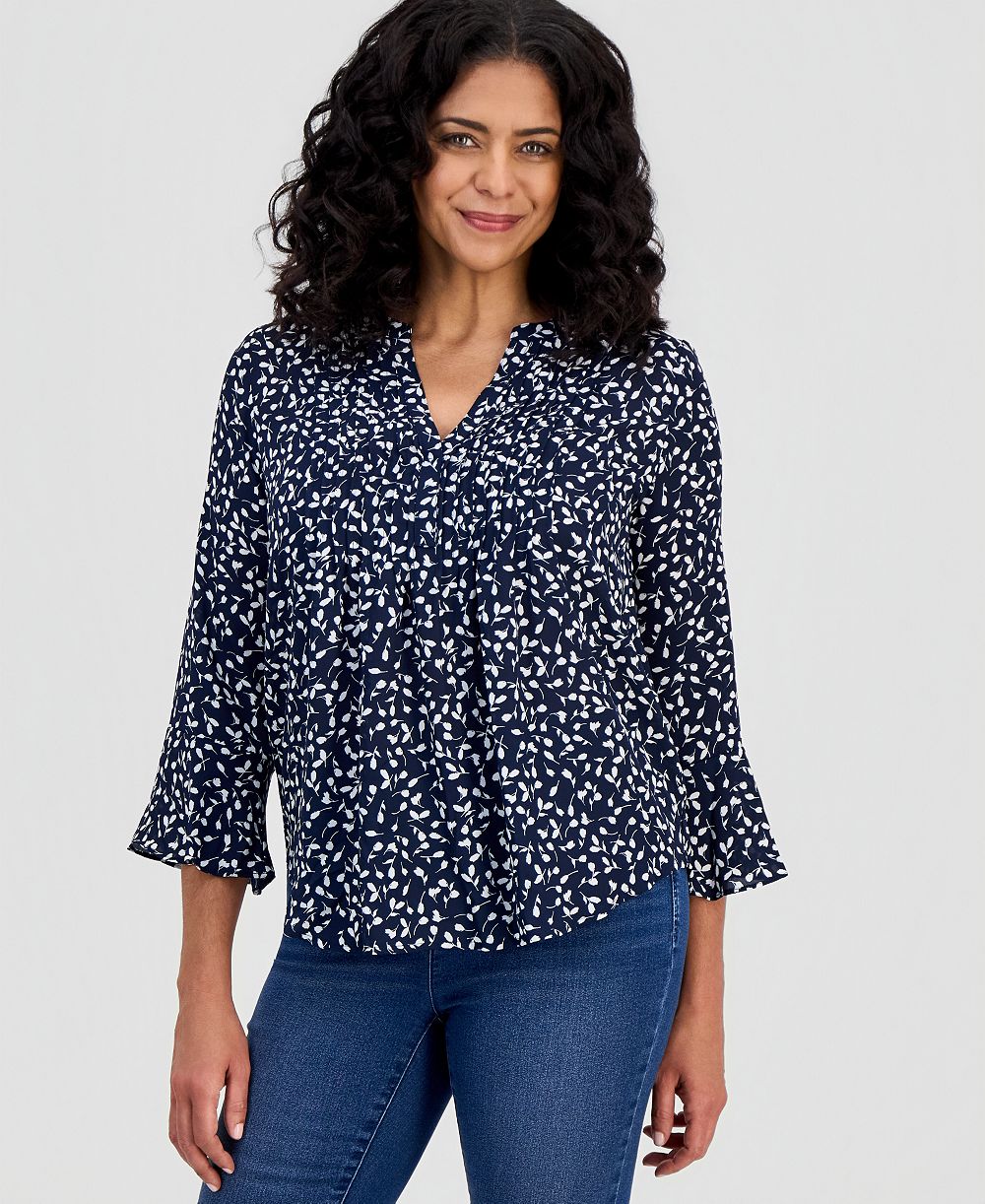 Style & Co Women's Petite Printed Pintuck Ruffle-Sleeve Top, Created for Macy's