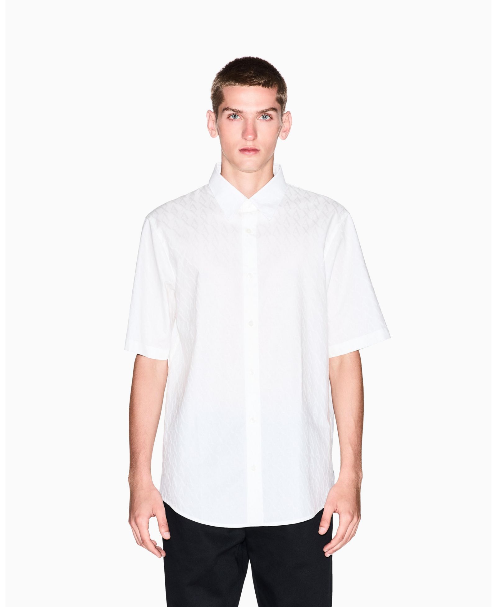 A|X Armani Exchange Men's Short Sleeve Cotton Jacquard Allover Logo Woven Shirt