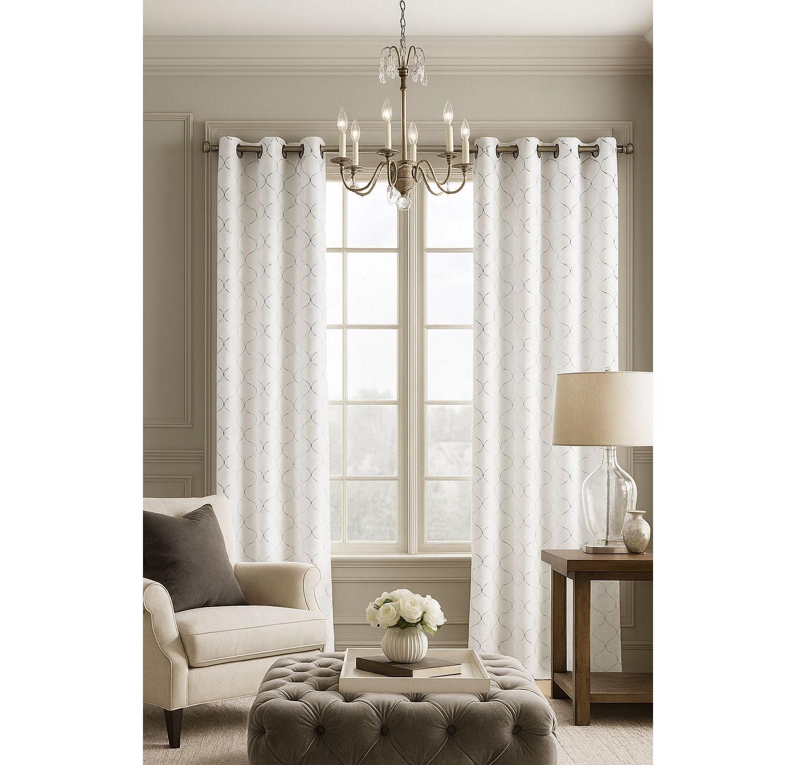 Kate Aurora 2 Pack Metallic Silver and White Lattice Clover Ultra Luxurious Window Curtains - 38 in. W x 108 in. L, White and Silver