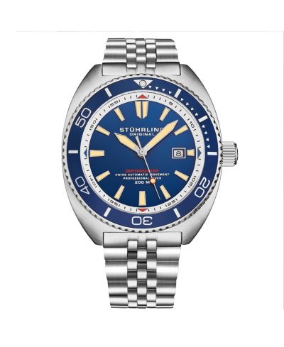Мужские автоматические часы Stuhrling 1008, стальной корпус Tonneau, синий циферблат, браслет Jubilee, водонепроницаемые 200M